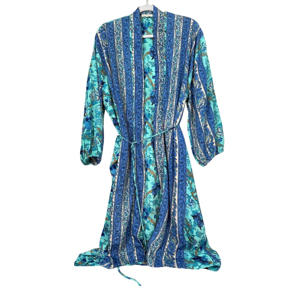 Earthbound Womens S/M Blue Multi Floral Silky Long Robe Sleepwear Cottagecore